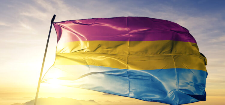 Pansexual pride flag waving on the top sunrise mist fog